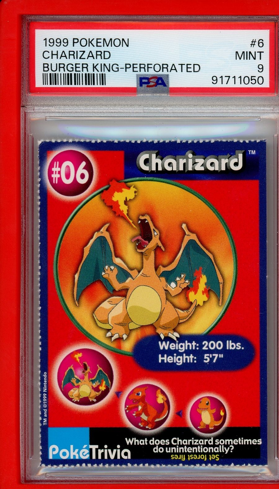 1999 Pokemon Charizard Burger King Perforated 6 PSA 9 With SLAB GUARD