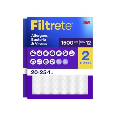 20x25x1 Air Filter, MERV 12, MPR 1500, Allergens, Bacteria & Viruses, 3-Month...
