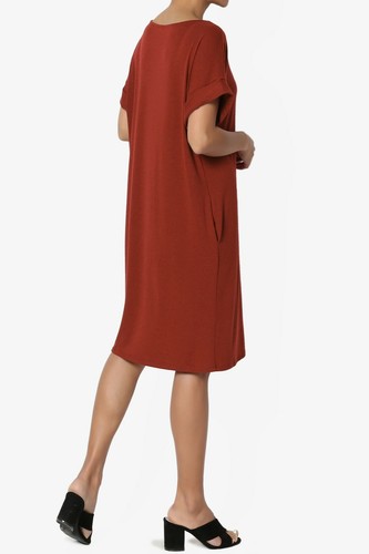TheMogan S~3XL Rolled Short Sleeve Pocket Boxy Relaxed Jersey Midi T-Shirt Dress - Picture 81 of 187