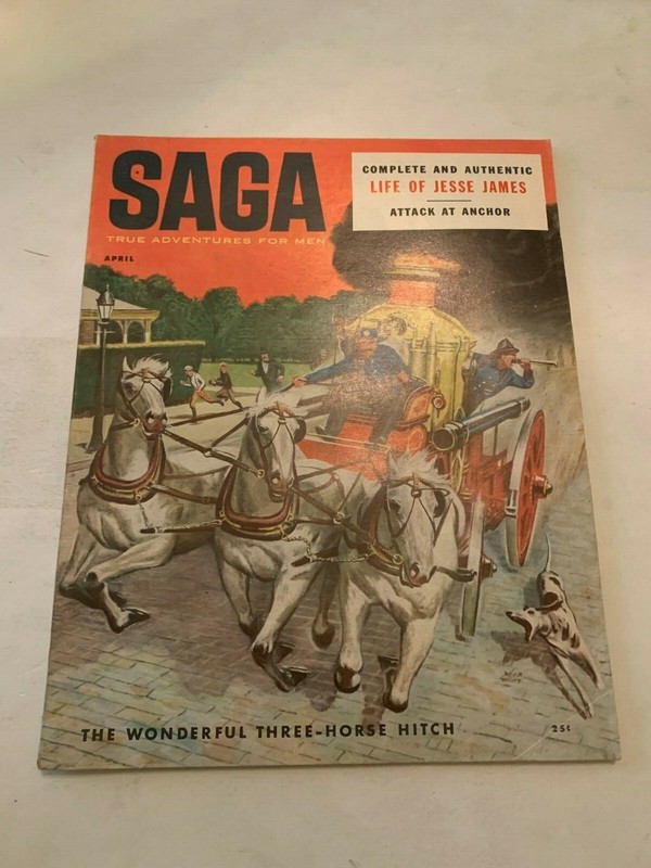 April 1954 SAGA Magazine The Wonderful Three Horse Hitch