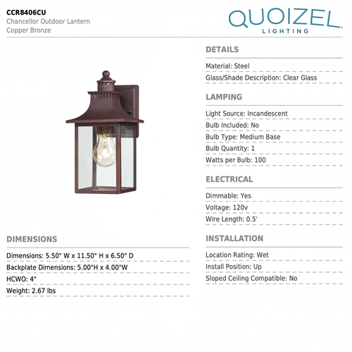 Quoizel CCR8406CU 1-Light Chancellor Outdoor Lantern in Copper Bronze