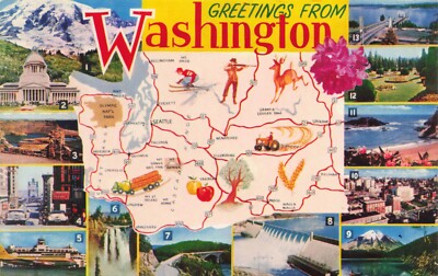 Postcard Multiview Greetings From Washington Map of State 1953