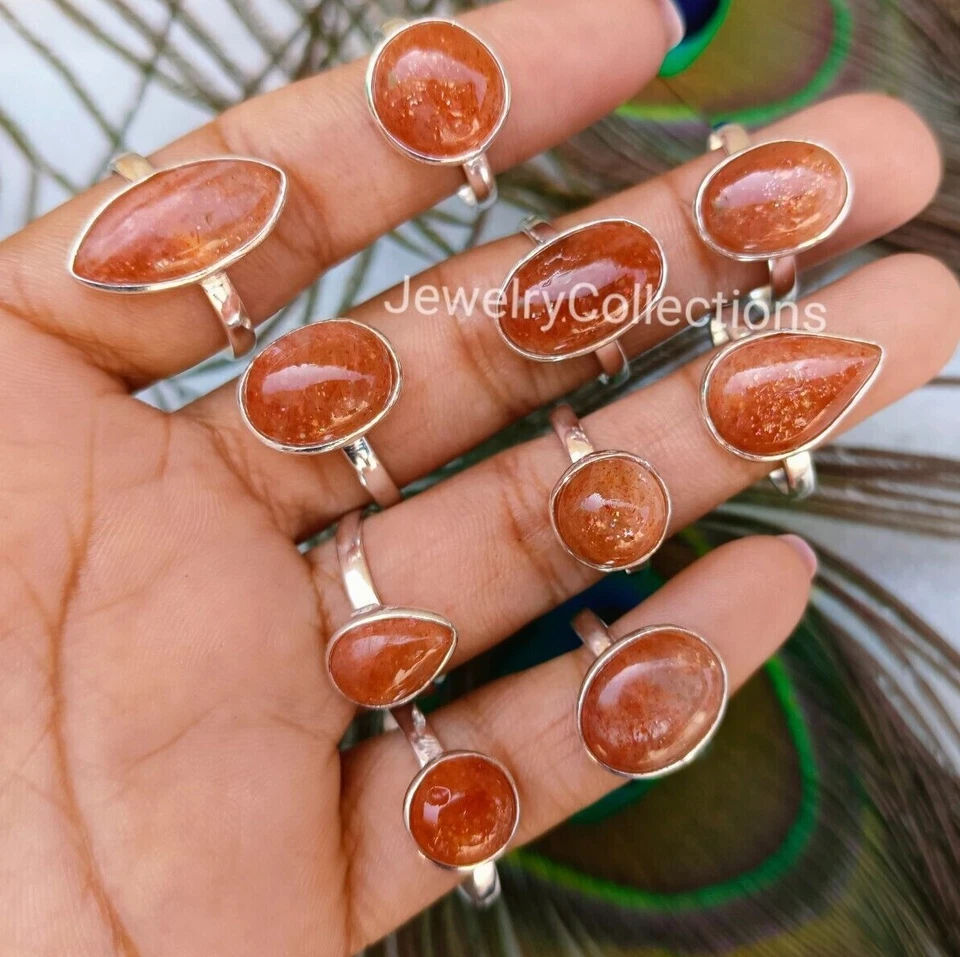 Лот колец с натуральным солнечным камнем серебро 925 покрытие кольца ручной работы женские кольца B150 - Изображение 3 из 4