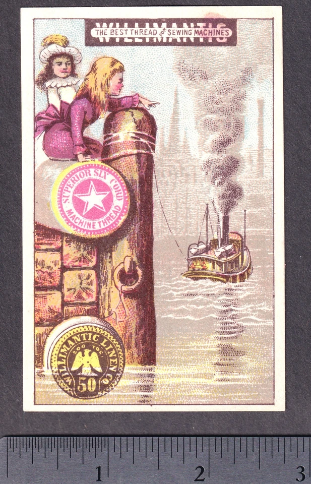 Willimantic Sewing Thread Linen Spool Ad Ship Dock Fantasy Victorian Trade Card - Image 2 of 4