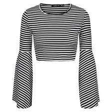 Trumpet Sleeve Crop Top Black White Stripe Stretch Jersey BNWT Going Out Size 12