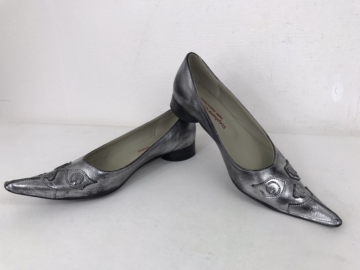 Stephanie Gontard Silver Leather Block Heel Flat Ballerina Pumps