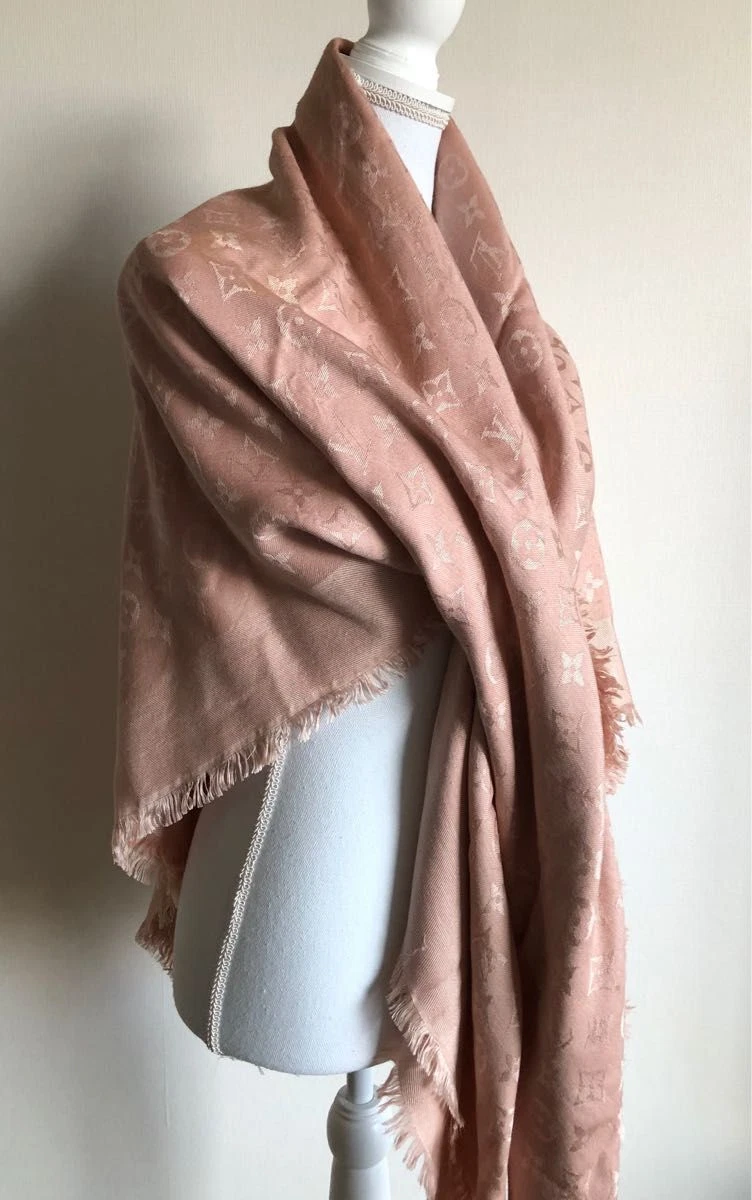 LOUIS VUITTON M72046 Monogram Shawl Stall Silk Wool Women Rose 