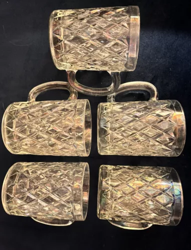 Paul Sebastian Crystal Mugs Glass Diamond Criss Cross Cut Fine Cups  SET 5 S6B1