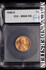 1948-S Lincoln Wheat Cent-ICG MS 66 RD Choice Gem BU No Reserve #SLL886