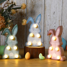 3 Pcs LED Lighted Easter Bunny Table Sign 7" Rustic Pastel Light up Easter Decor