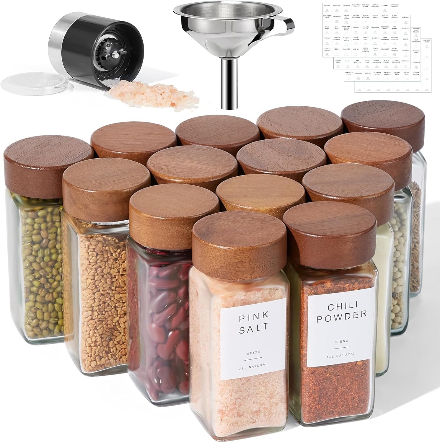 Yangbaga 14PCS Glass Spice Jars with Wooden Lids and Shaker Caps