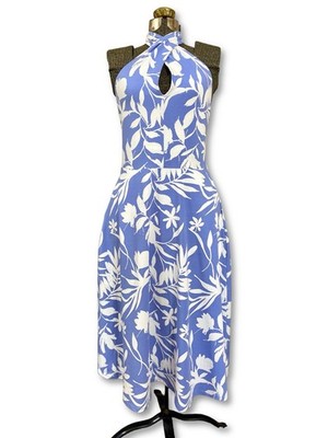 Pact Fit & Flare Halter Midi Dress Blue Floral Size L Organic Cotton Pockets NEW