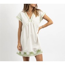 Zara White Embroidered Dress Womens Extra Small XS Green Trim Boho Chic