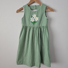VTG Copper Key Girl's Sz 7 Green Gingham Seersucker Summer Dress Embroidered