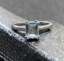 Aquamarine Solitaire Ring, Emerald Cut, March Birthstone, Sterling Silver Ring