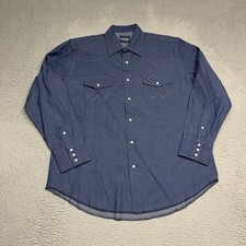 VINTAGE Wrangler Shirt Mens XL Blue Denim Western Pearl Snap Cowboy Button 90s