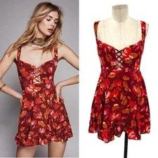 New Free People Red Floral Lattice Lovers Slip Mini Dress - $88 Small Boho