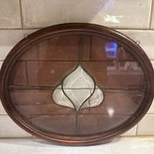Vintage Antique 15 x 12”Beveled Pink Tone Leaded Glass Oval Antique Wood Framed