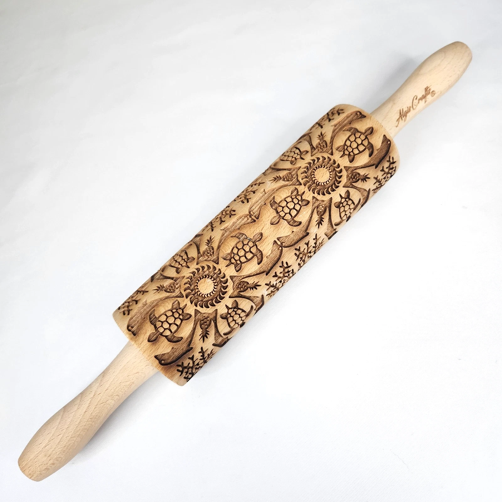 Algis Crafts Embossed Wood Rolling Pin Hawaiian Design Turtle Dolphin 15"