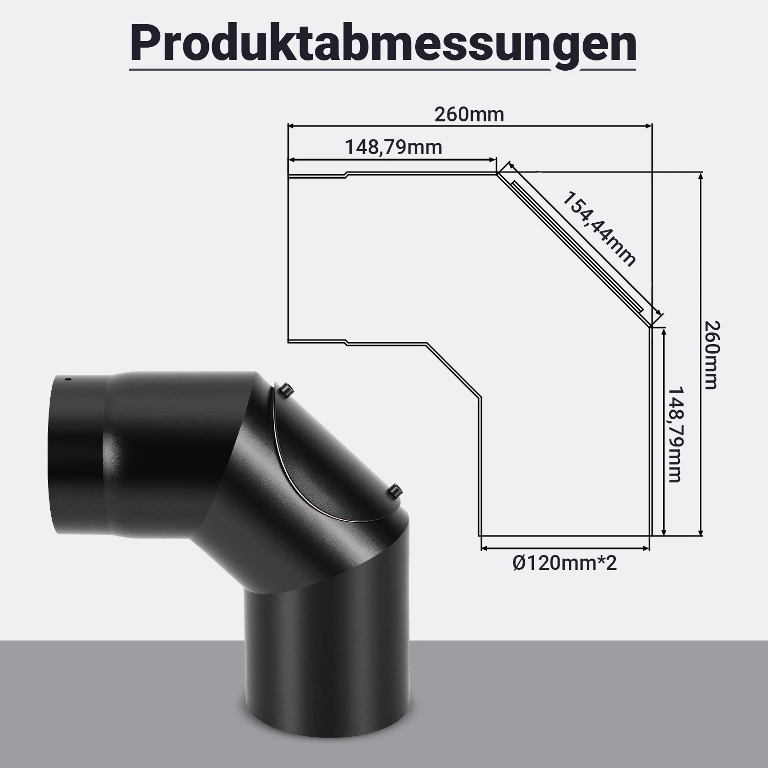 Technische Zeichnung des Ofenrohrbogens 90 Grad mit 260 mm Schenkellänge und 120 mm Rohrdurchmesser
