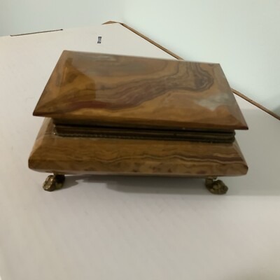 VTG RARE Footed Jewelry Box Made of Jasper Stone w/Original Paper 