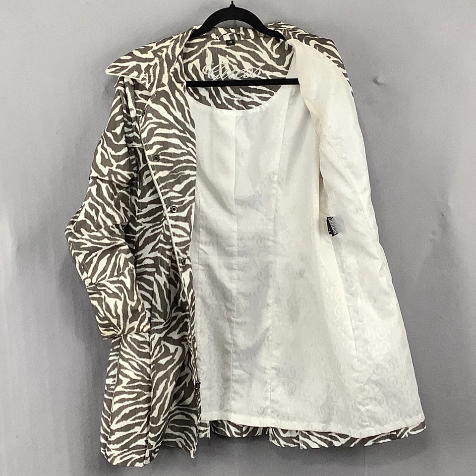 GUESS Impermeable Estampado Cebra Mujer L Blanco Gris Cinturón Abrigo Asimétrico Cremallera Pliegues Foto 3 de 4