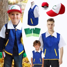 Pokemon-Ash Ketchum Cosplay Set Herren Kinder Kostümjacke + Handschuhe + Hut DE