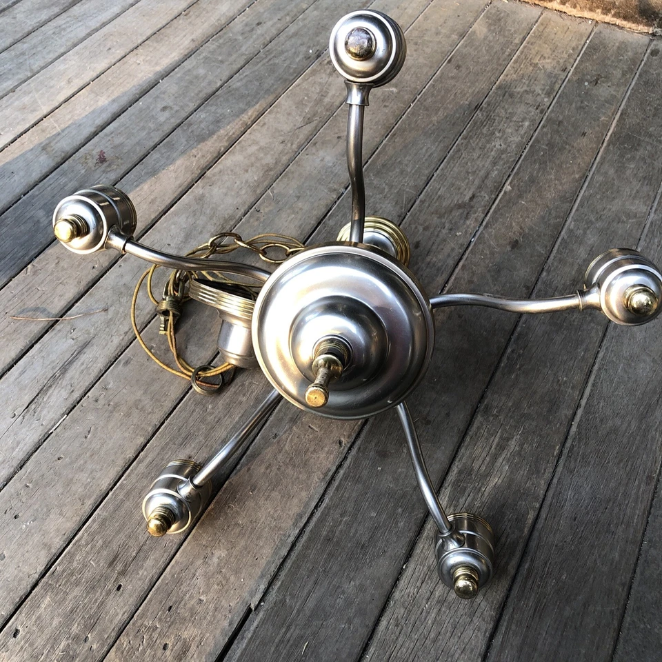 Люстра ар-деко 5 ламп никель латунь обтекаемый стимпанк новый из старых запасов 1940-е - Изображение 3 из 4