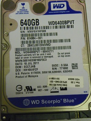 Western Digital WD6400BPVT-60HXZT1 P/N 614984-001 640GB 2.5'' SATA Hard Drive
