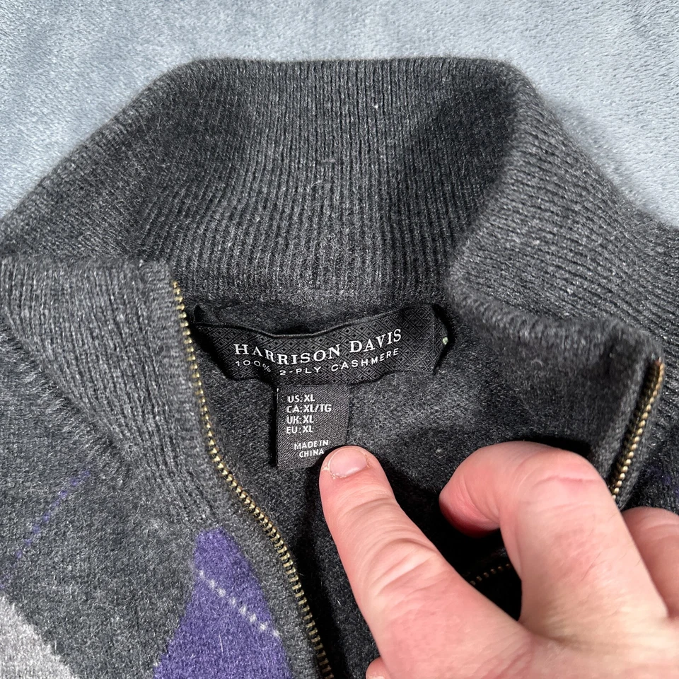 Suéter de Cachemira Harrison Davis Para Hombres XL Gris Argyle 1/4 Cremallera Suave 100% Abuelo Foto 2 de 4