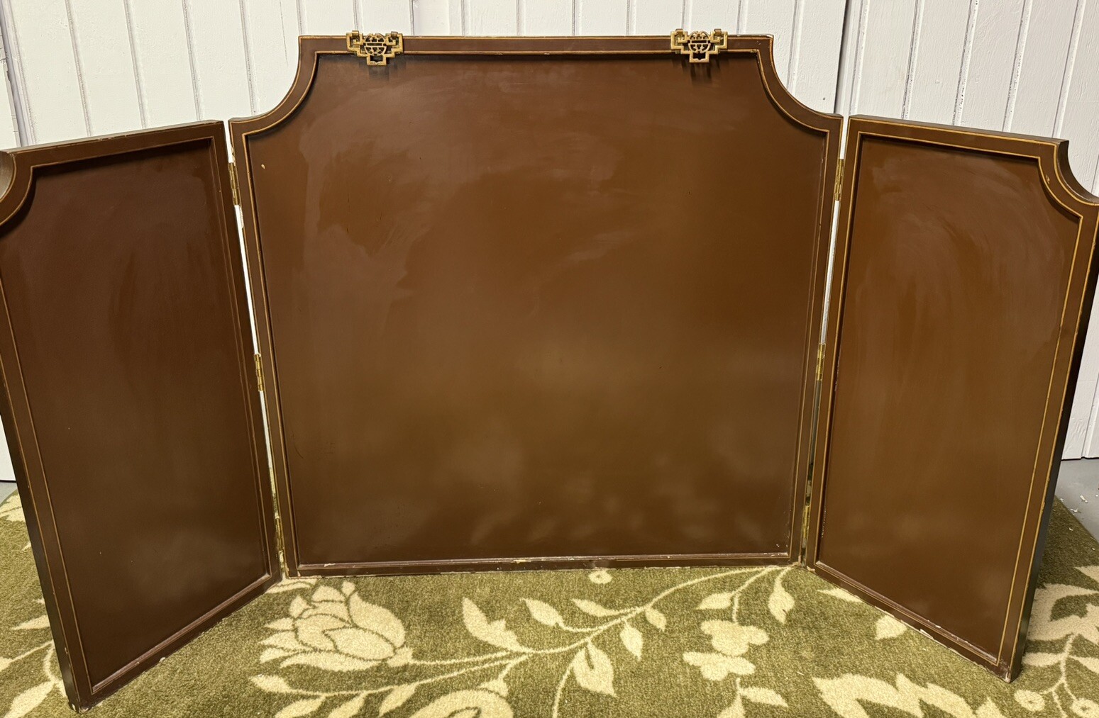 Vintage Chinese 3 Panel Screen Wall Art Inlaid Deities Village Scene Gold Accent