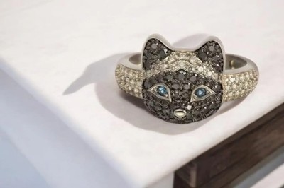 14K White Gold Plated 925 Silver Cat lover's gift Siamese kitten face Band Ring