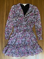 Michael Michael Kors Small Long Sleeve Pink Floral Print Smocked-Waist Dress