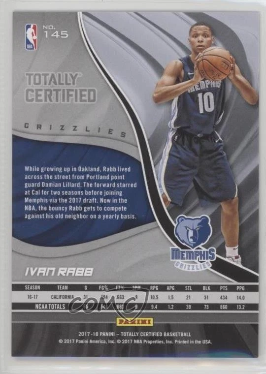 2017-18 Panini Totally Certified Rookies Green /5 Ivan Rabb #145 Rookie RC - Image 2 of 2