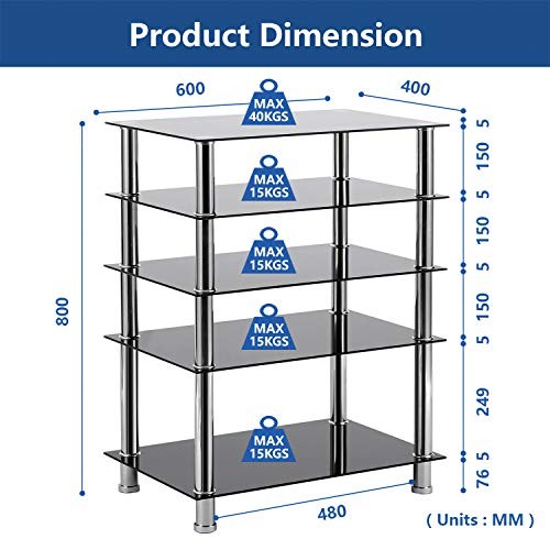 HiFi Racks and Stands Audio Rack Cabinet AV Shelf TV Table 5 Tiers Tempered - Picture 2 of 5