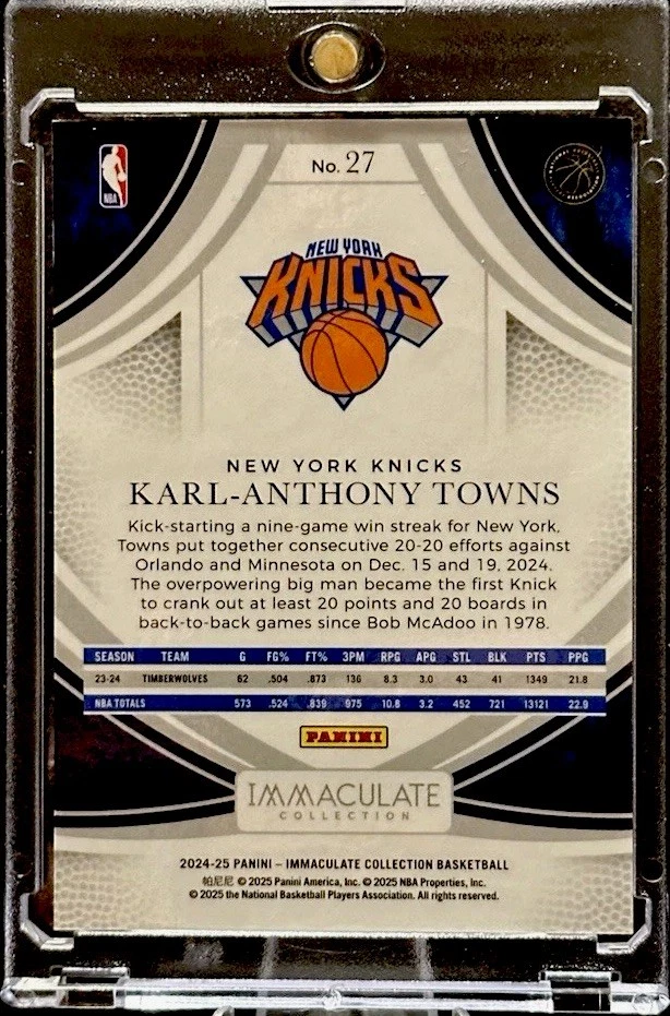 Karl Anthony Towns 2024-25 Panini immaculate Green #27 3/8 Knicks - Image 3 of 4