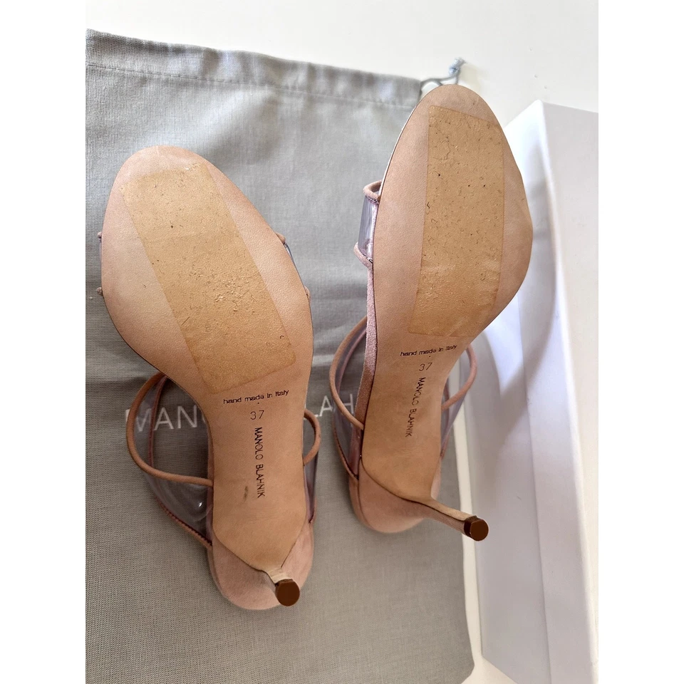 $1369 Manolo Blahnik Heels Sandals Nude Clear ECO PVC Open Toe Suede Sz 37 New - Image 3 of 4