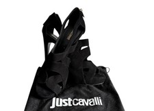 Just Cavalli Black Suede Strappy Stiletto Open Toe Heels Gold Zipper. Size 39