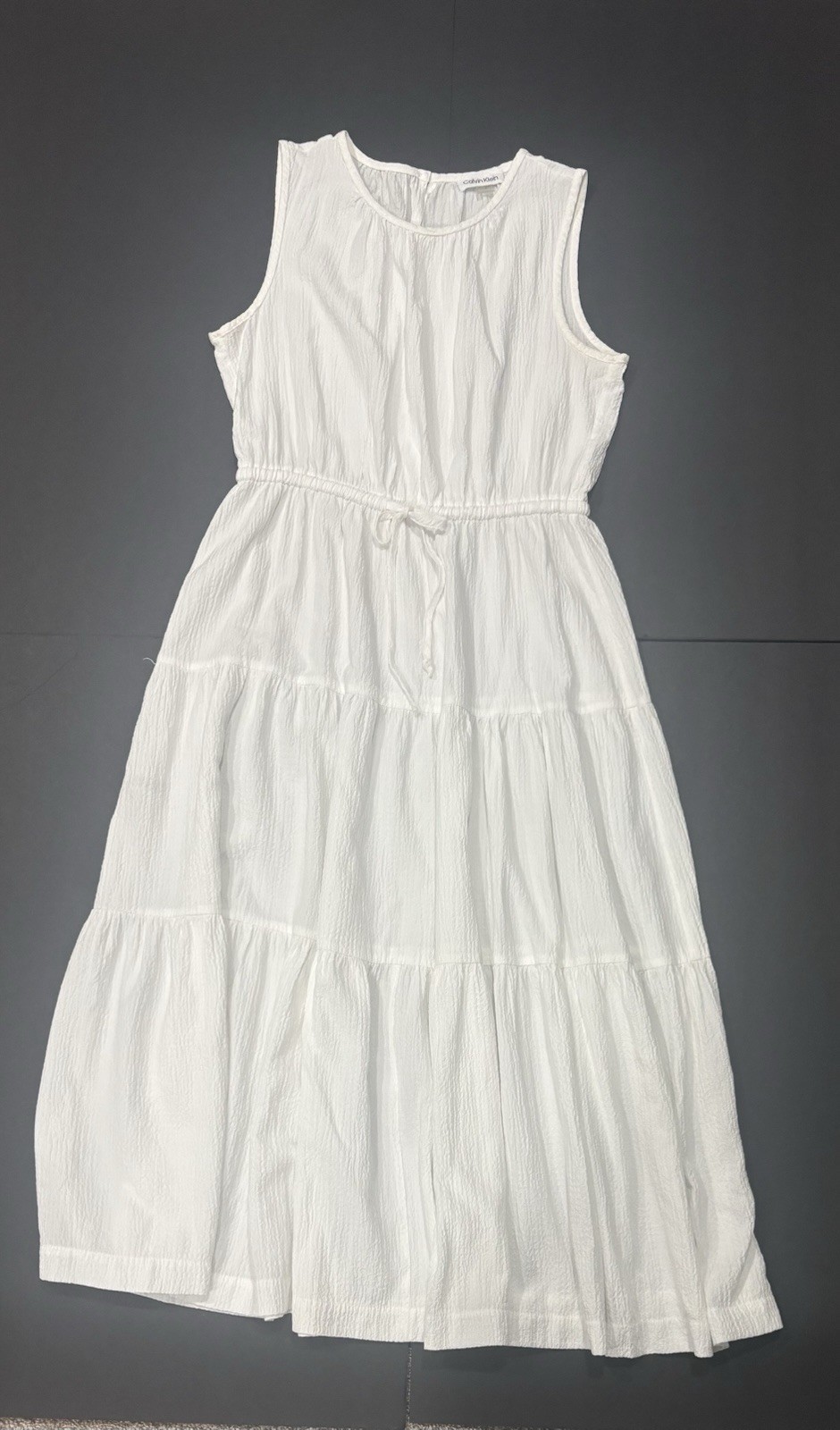 Calvin Klein A-Line Dress White Sleeveless Round Neck Midi Tie Button Size 8