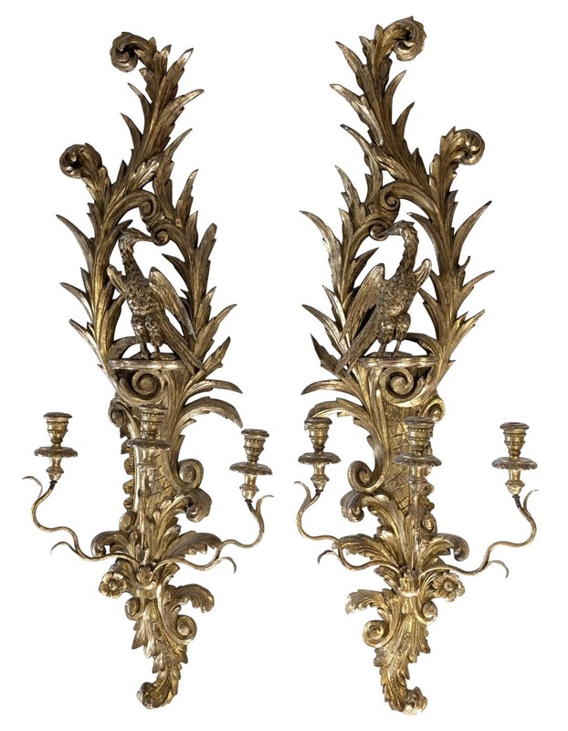 Pair of Vintage Italian Gold Gilt Hand Carved Sconces, 46″H, PA6793JH