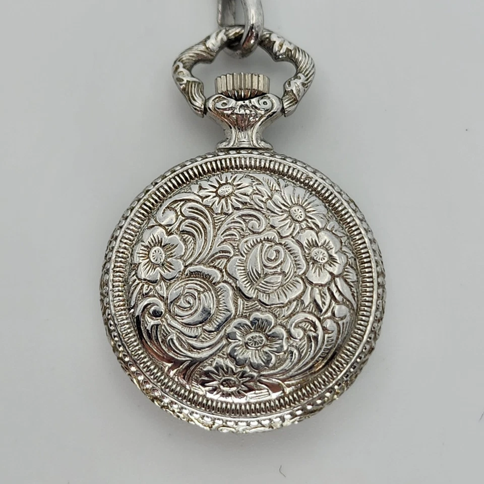 Bucherer Vintage Mini Pocket Watch Swiss Made Open Face Rose Engraved Untested - Image 2 of 4