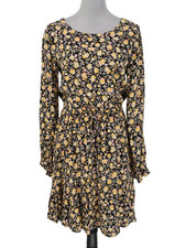 Loft Dress Womens XS Black Orange Pink Floral Tie Waist Long Sleeve Rayon Whimsy