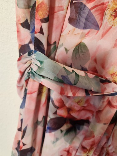 Tahari ASL Sleeveless Peach Pink Floral Chiffon Tie Waist Tiered Dress Easter 4 - Bild 10 von 12