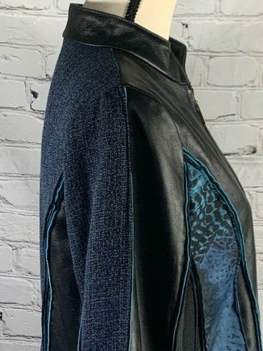 Koos of Course Women 100% Leather Tweed Mix Media Animal Print Blue Jacket Zip S - Picture 7 of 12