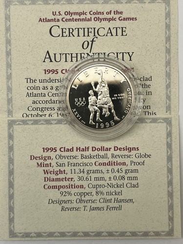 1995 US Mint Olympic Clad Proof Half Dollar Basketball In Government Box and COA - Bild 11 von 16