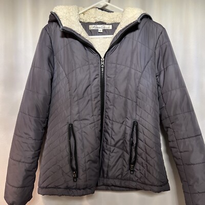 Kenneth Cole gray womens medium Puffer Jacket faux Sherpa with hood