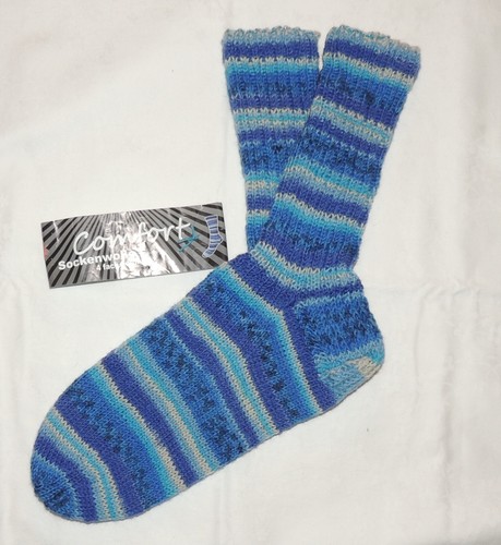 N51) handgestrickte Comfort 4fach Socken Gr 45 46 Wollsocken blau gemustert - Bild 3 von 3