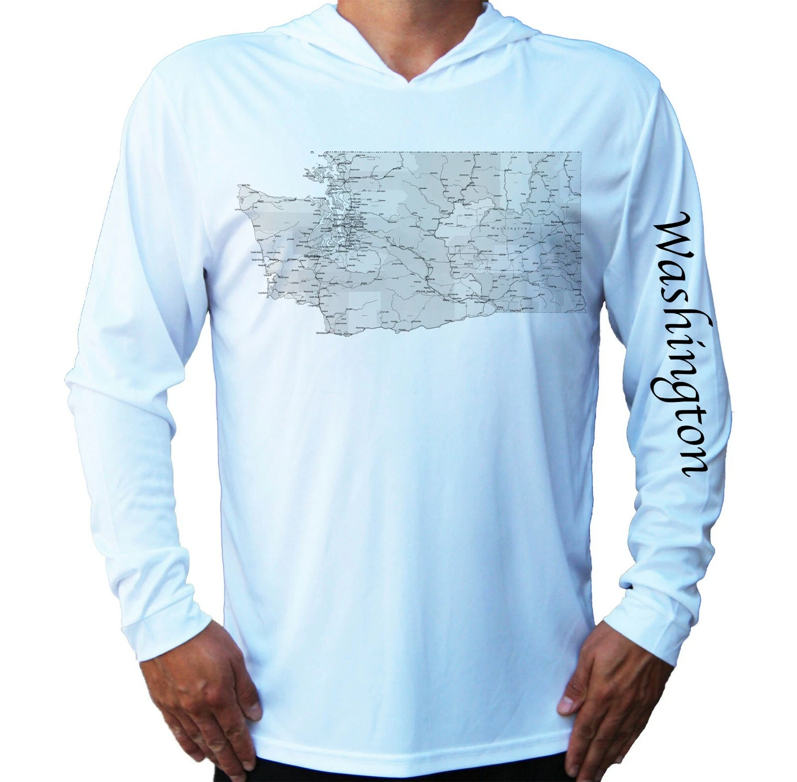 Washington State Map Sun UV Protected UPF 50 Long Sleeve T-Shirt Hood Fishing