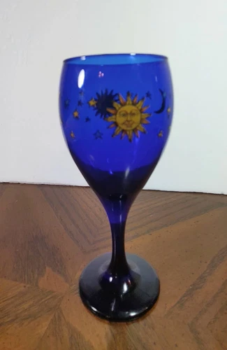 Cobalt Blue Celestial Sun Moon Stars Water Wine Glasses Libbey Vintage Retired