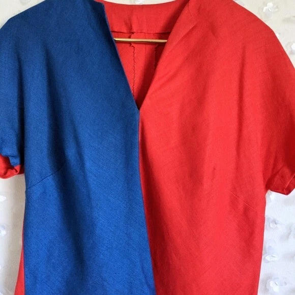 Top corto vintage años 50 60 rojo azul bloque de color lino mod VLV Harley Quinn Foto 2 de 3